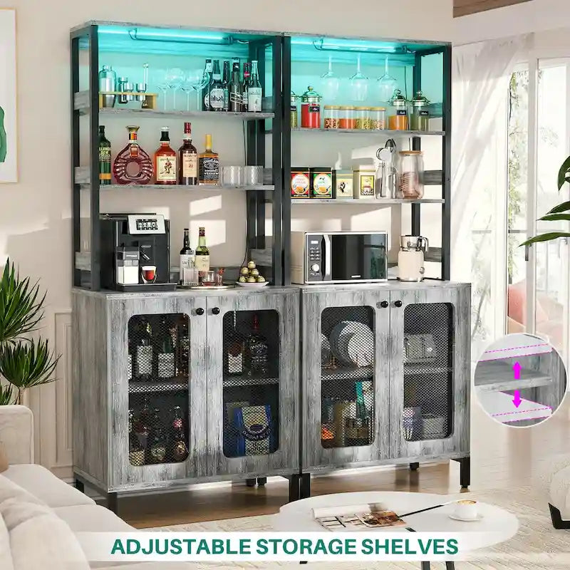 Meuble bar à vin de 67 pouces de haut avec éclairage LED, porte-verres, prises électriques et vitrine d'angle à 5 niveaux pour ustensiles.