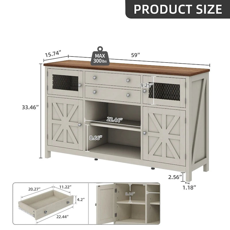 Meuble bar à café 59, armoire de rangement à portes coulissantes de style grange avec 2 grands tiroirs et porte à grille visuelle