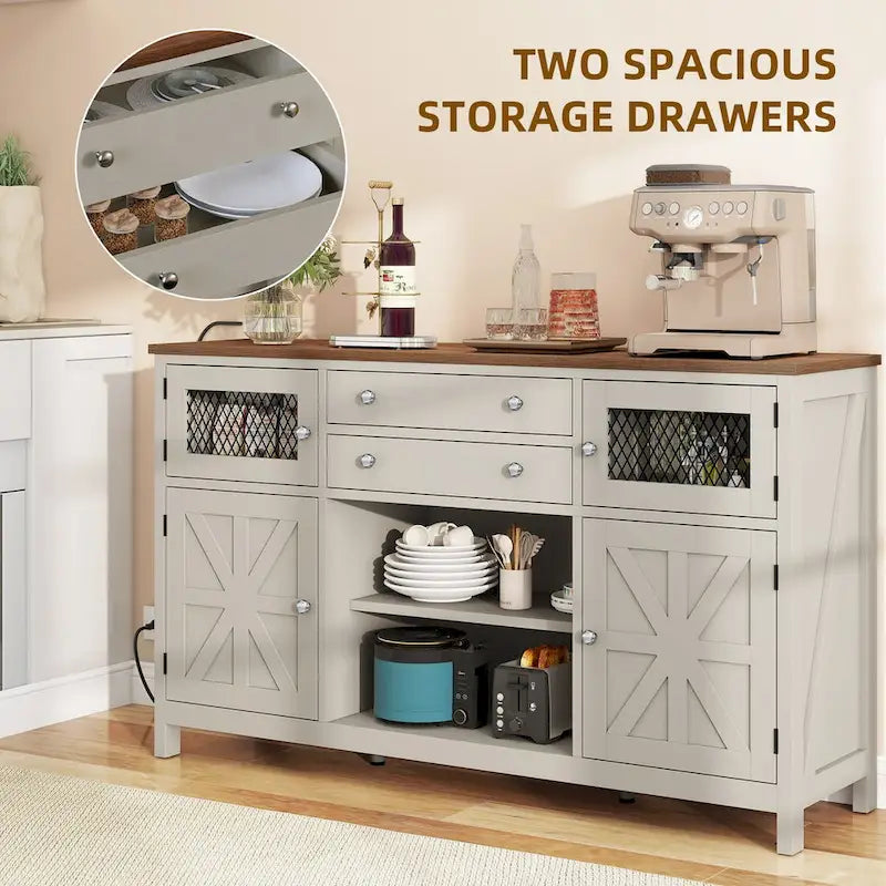 Meuble bar à café 59, armoire de rangement à portes coulissantes de style grange avec 2 grands tiroirs et porte à grille visuelle