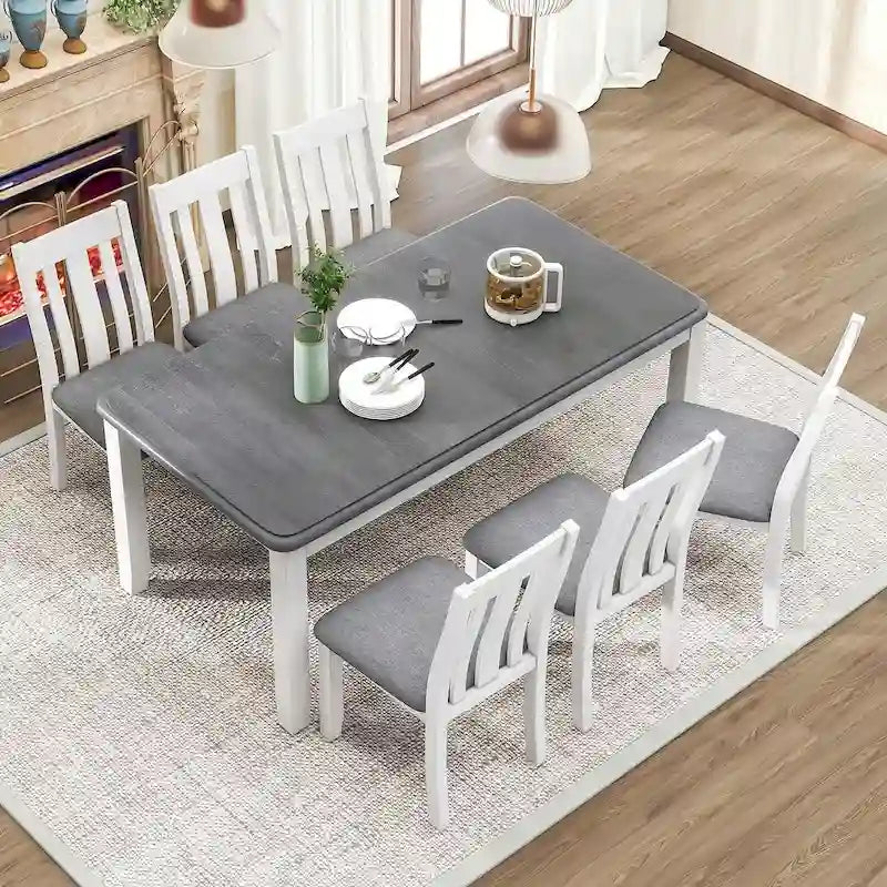 Ensemble de salle à manger rétro 7 pièces comprenant une table extensible pour 6 personnes et 6 chaises rembourrées