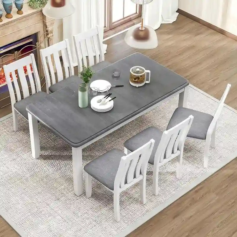 Ensemble de salle à manger rétro 7 pièces comprenant une table extensible pour 6 personnes et 6 chaises rembourrées