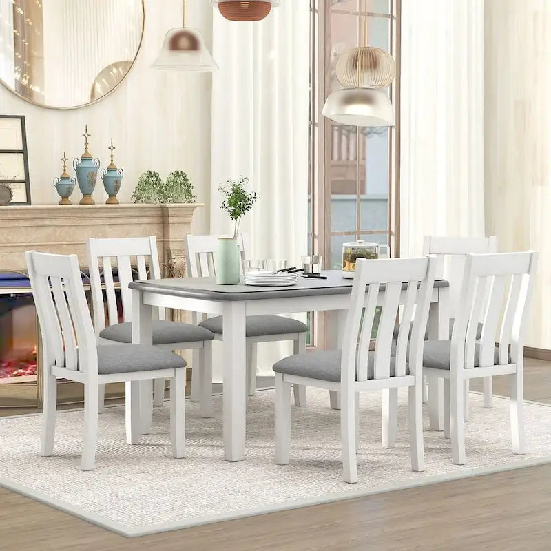 Ensemble de salle à manger rétro 7 pièces comprenant une table extensible pour 6 personnes et 6 chaises rembourrées