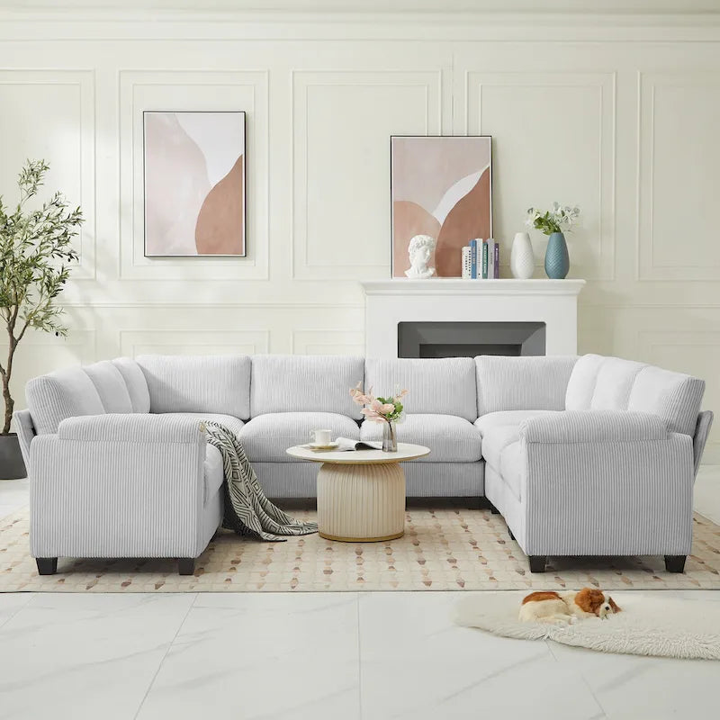 Canapé d'angle en velours côtelé avec méridienne, canapé modulable symétrique en forme de U 8 places