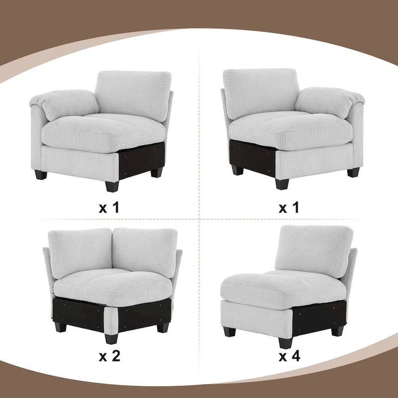 Canapé d'angle en velours côtelé avec méridienne, canapé modulable symétrique en forme de U 8 places