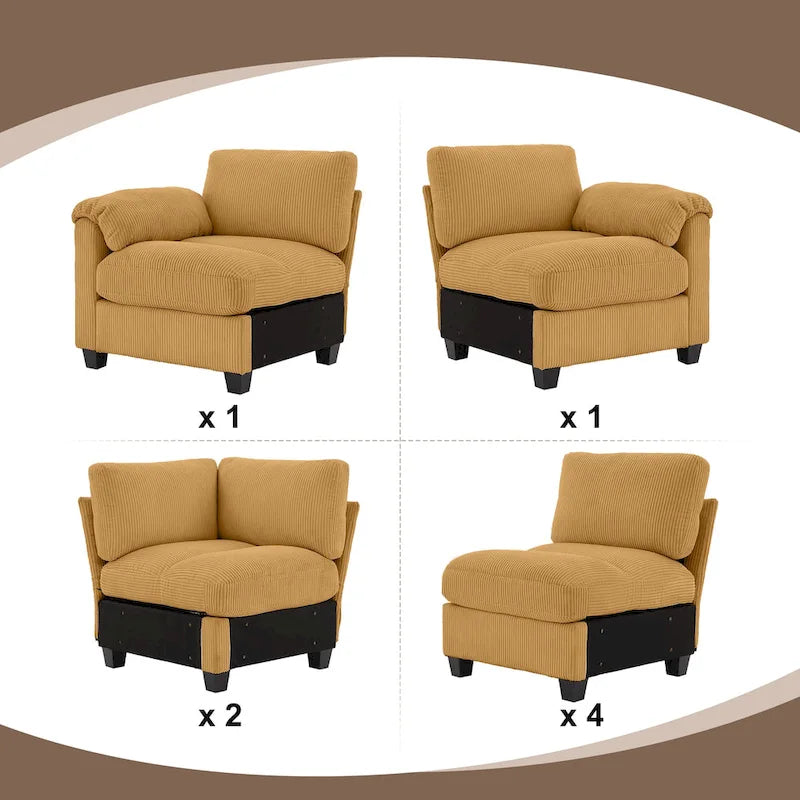 Canapé d'angle en velours côtelé avec méridienne, canapé modulable symétrique en forme de U 8 places
