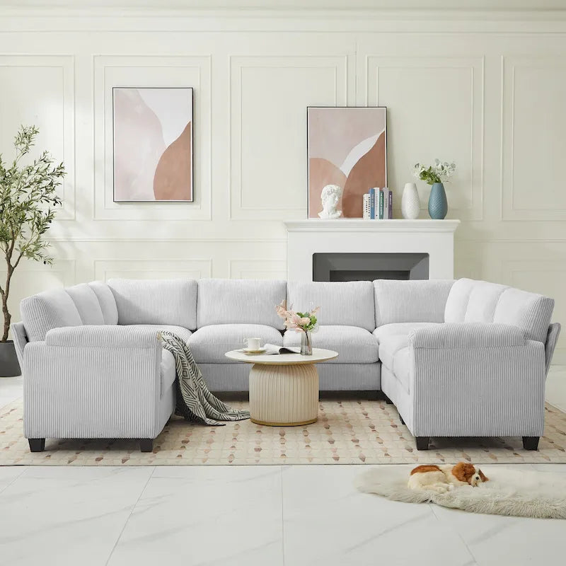 Canapé d'angle en velours côtelé avec méridienne, canapé modulable symétrique en forme de U 8 places