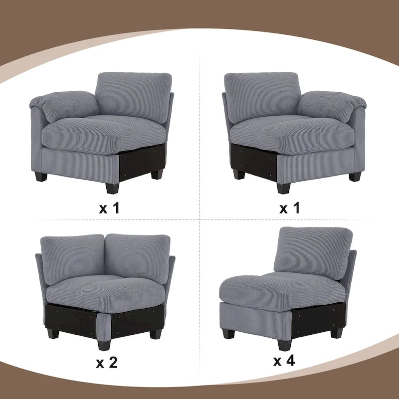 Canapé d'angle en velours côtelé avec méridienne, canapé modulable symétrique en forme de U 8 places