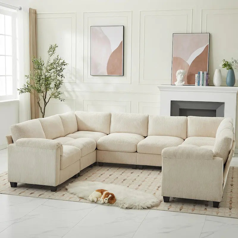Canapé d'angle en velours côtelé avec méridienne, canapé modulable symétrique en forme de U 8 places