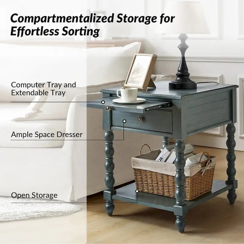 Table d'appoint traditionnelle Eric de 66 cm de haut en bois massif avec port USB, par HULALA HOME