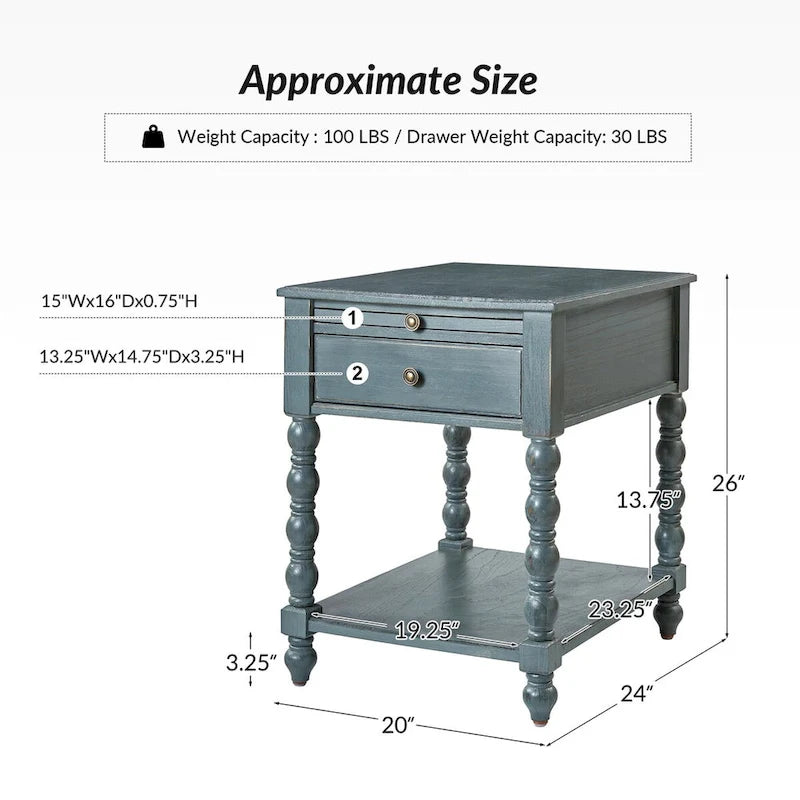Table d'appoint traditionnelle Eric de 66 cm de haut en bois massif avec port USB, par HULALA HOME