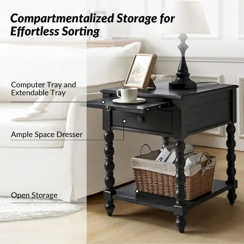 Table d'appoint traditionnelle Eric de 66 cm de haut en bois massif avec port USB, par HULALA HOME