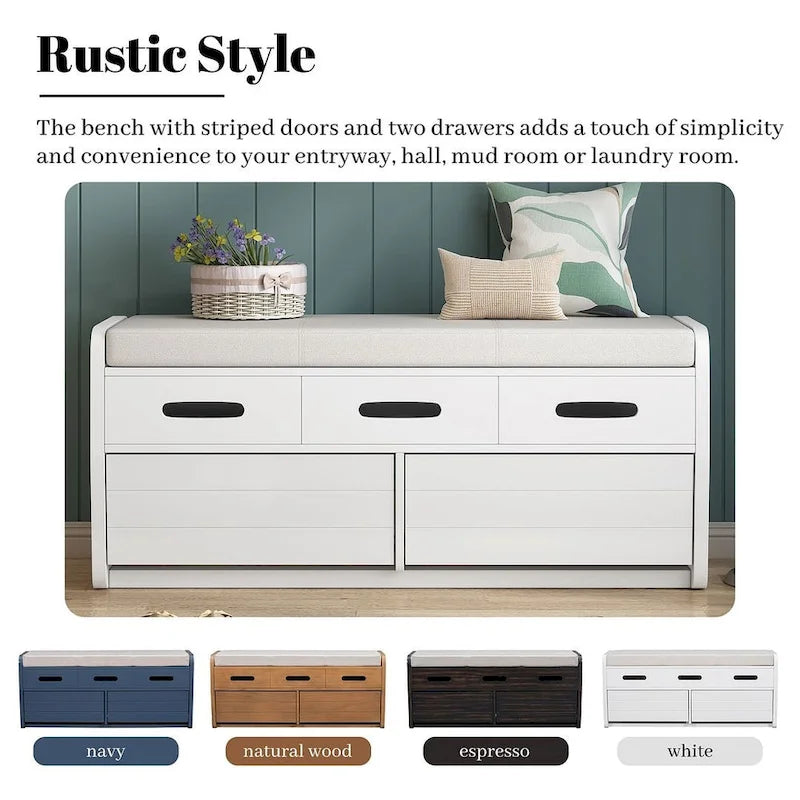 Banc de rangement rembourré en bois d'acacia style ferme, 43 pouces, avec 5 tiroirs