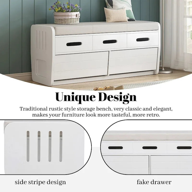 Banc de rangement rembourré en bois d'acacia style ferme, 43 pouces, avec 5 tiroirs