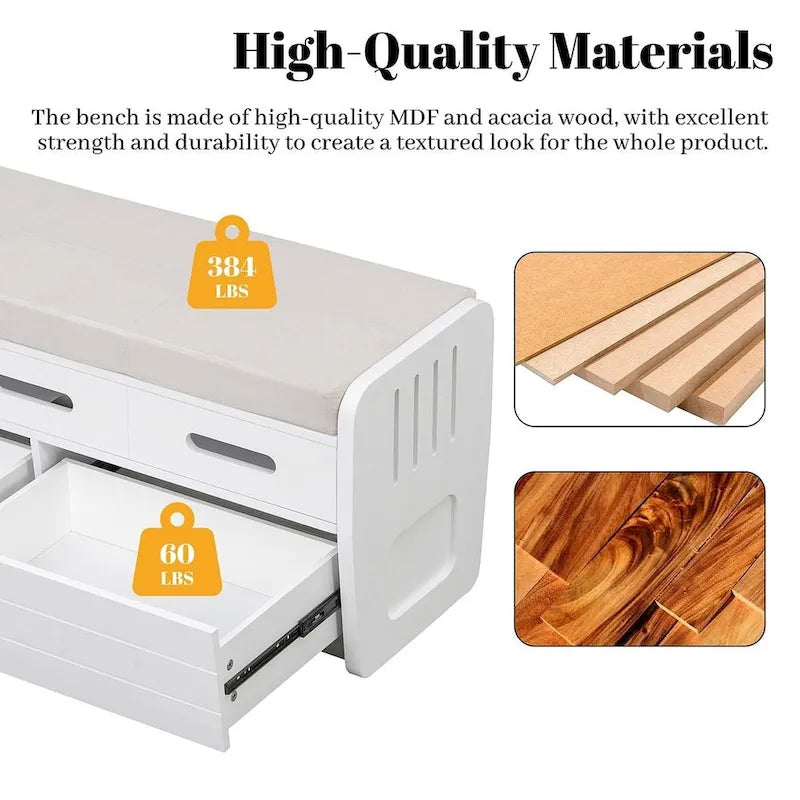 Banc de rangement rembourré en bois d'acacia style ferme, 43 pouces, avec 5 tiroirs