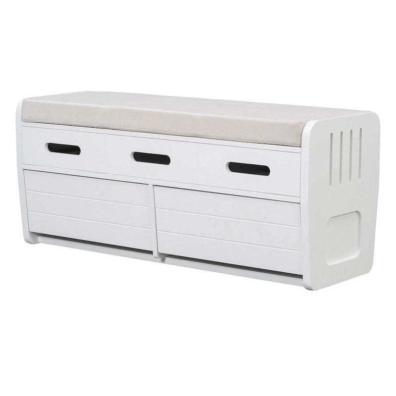 Banc de rangement rembourré en bois d'acacia style ferme, 43 pouces, avec 5 tiroirs