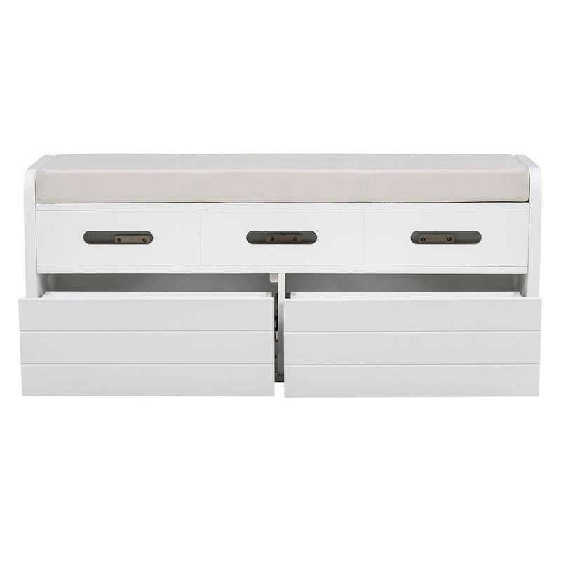 Banc de rangement rembourré en bois d'acacia style ferme, 43 pouces, avec 5 tiroirs