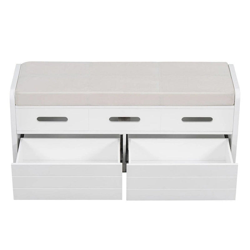 Banc de rangement rembourré en bois d'acacia style ferme, 43 pouces, avec 5 tiroirs