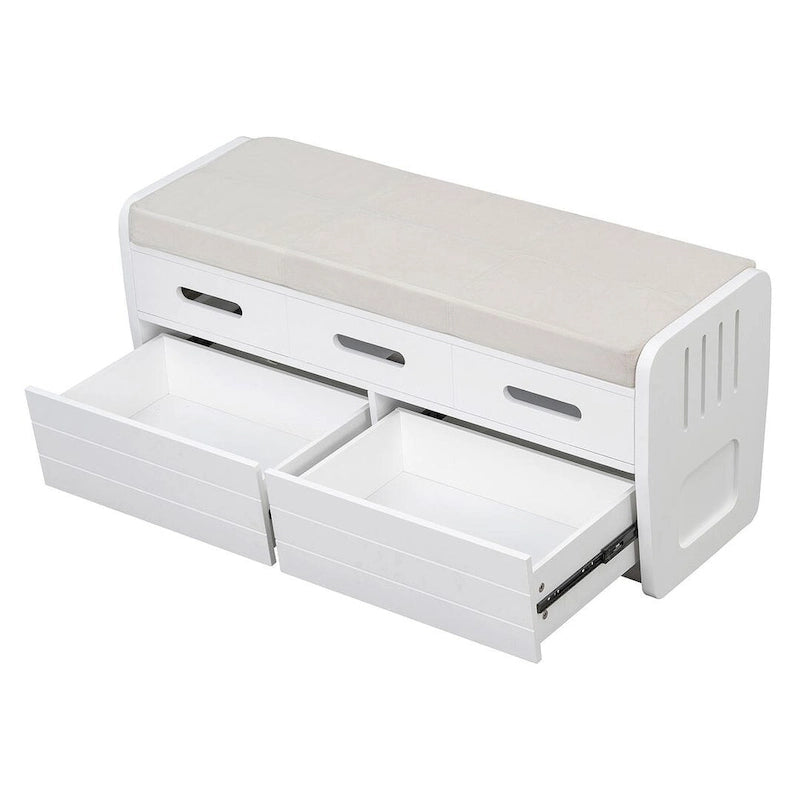 Banc de rangement rembourré en bois d'acacia style ferme, 43 pouces, avec 5 tiroirs