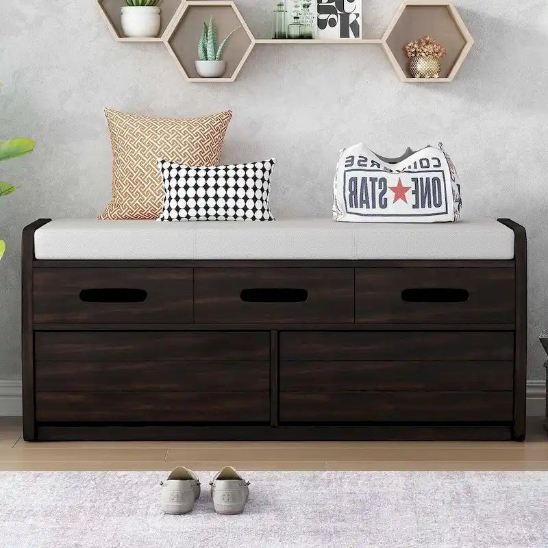 Banc de rangement rembourré en bois d'acacia style ferme, 43 pouces, avec 5 tiroirs