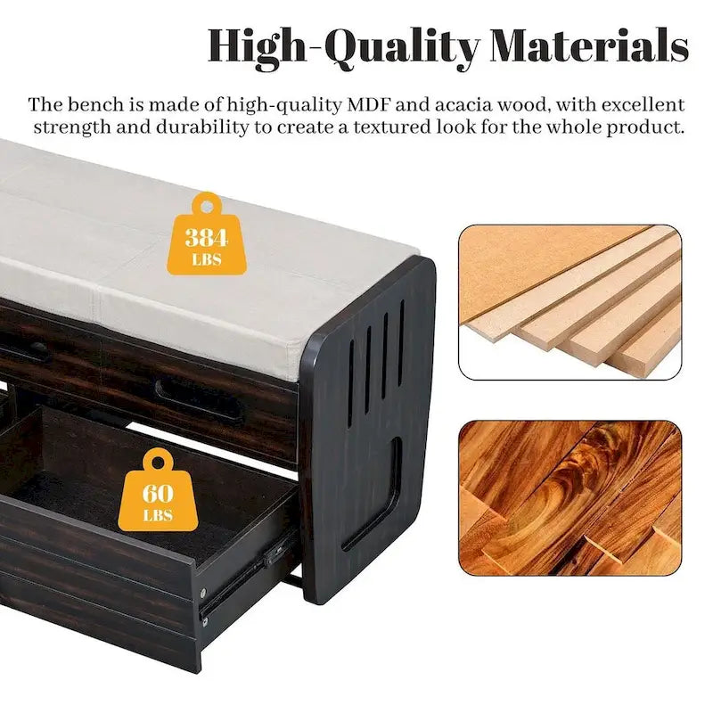 Banc de rangement rembourré en bois d'acacia style ferme, 43 pouces, avec 5 tiroirs