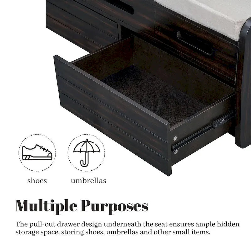 Banc de rangement rembourré en bois d'acacia style ferme, 43 pouces, avec 5 tiroirs