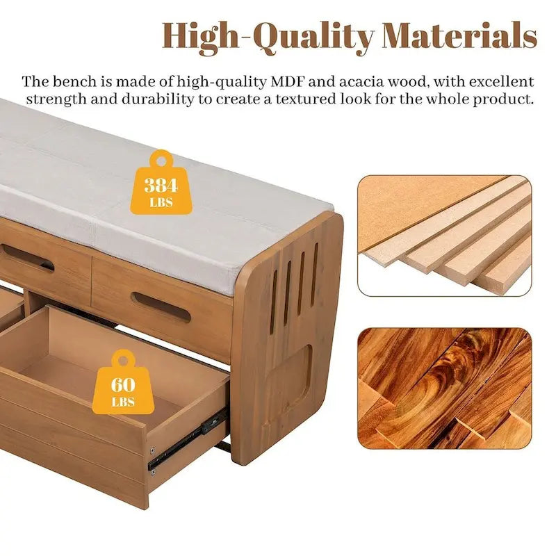 Banc de rangement rembourré en bois d'acacia style ferme, 43 pouces, avec 5 tiroirs