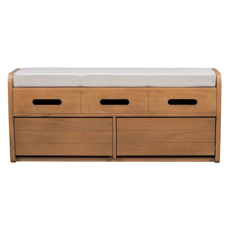 Banc de rangement rembourré en bois d'acacia style ferme, 43 pouces, avec 5 tiroirs