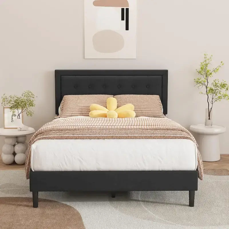 Cadre de lit plateforme rembourré alazyhome avec tête de lit capitonnée à boutons