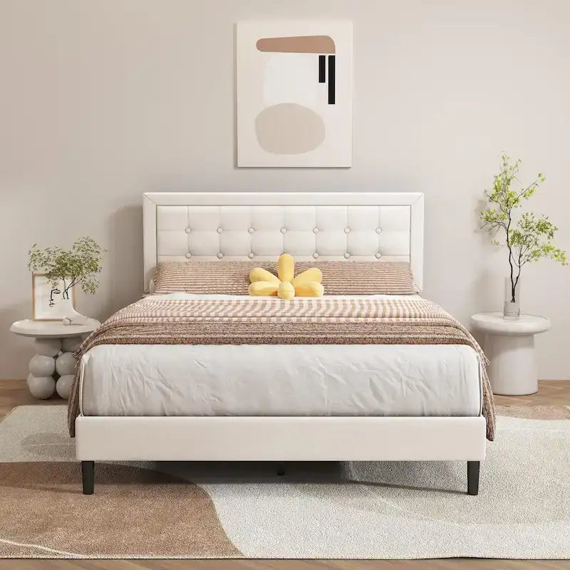 Cadre de lit plateforme rembourré alazyhome avec tête de lit capitonnée à boutons