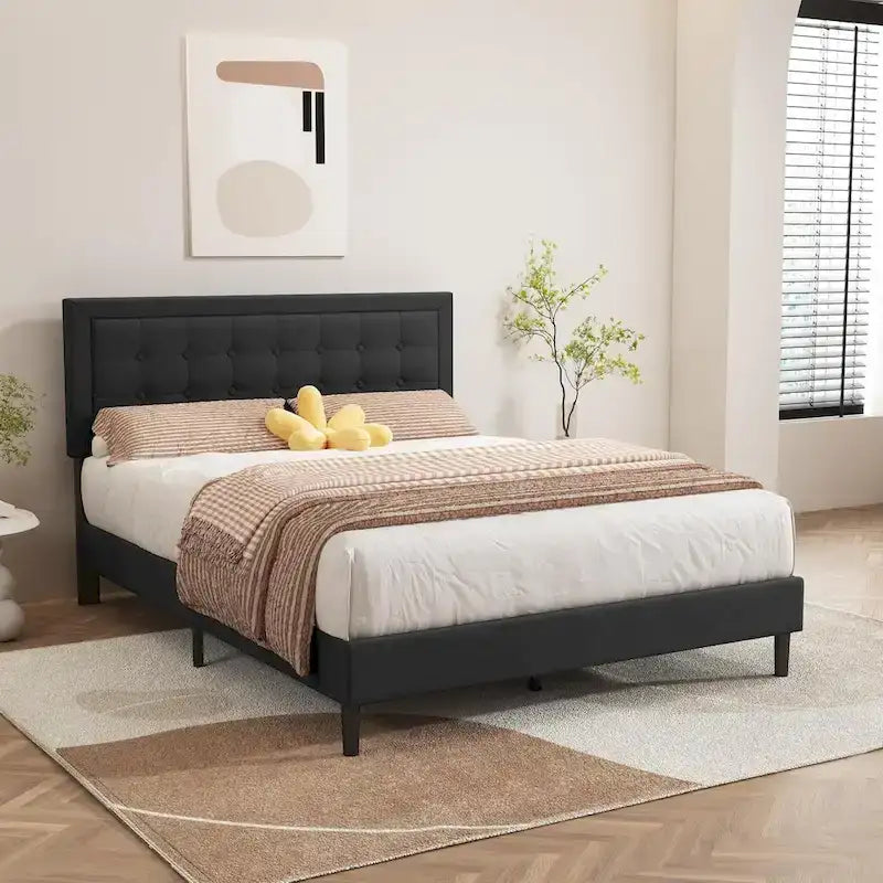 Cadre de lit plateforme rembourré alazyhome avec tête de lit capitonnée à boutons