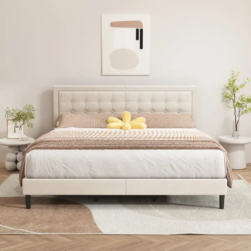 Cadre de lit plateforme rembourré alazyhome avec tête de lit capitonnée à boutons