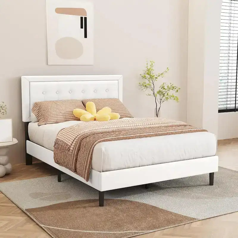 Cadre de lit plateforme rembourré alazyhome avec tête de lit capitonnée à boutons