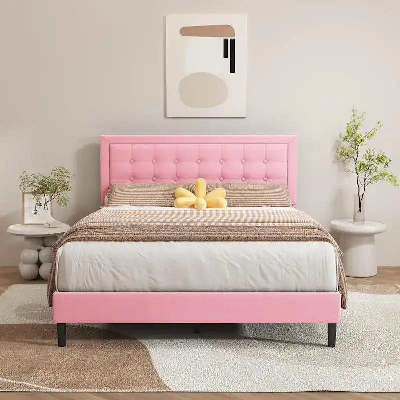 Cadre de lit plateforme rembourré alazyhome avec tête de lit capitonnée à boutons
