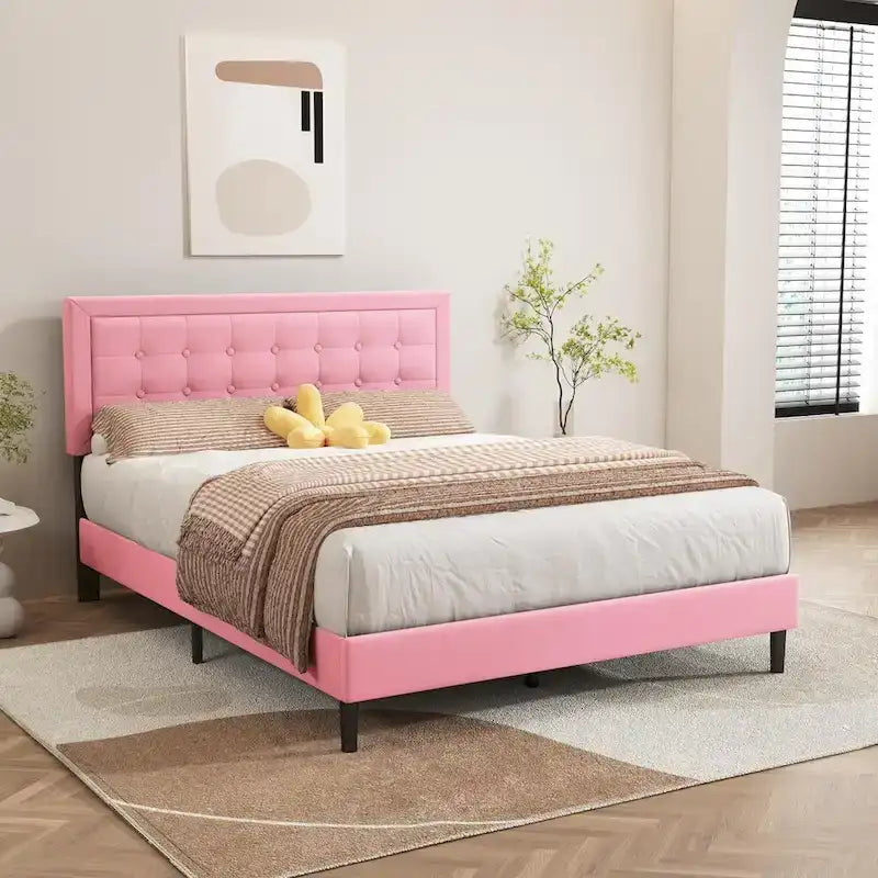 Cadre de lit plateforme rembourré alazyhome avec tête de lit capitonnée à boutons