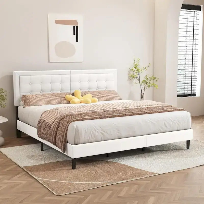 Cadre de lit plateforme rembourré alazyhome avec tête de lit capitonnée à boutons