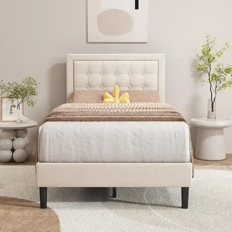 Cadre de lit plateforme rembourré alazyhome avec tête de lit capitonnée à boutons