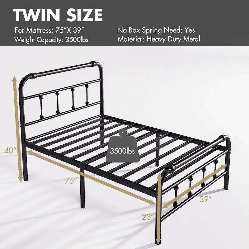 Lit plateforme en métal de 35,5 cm avec tête et pied de lit pour rangement