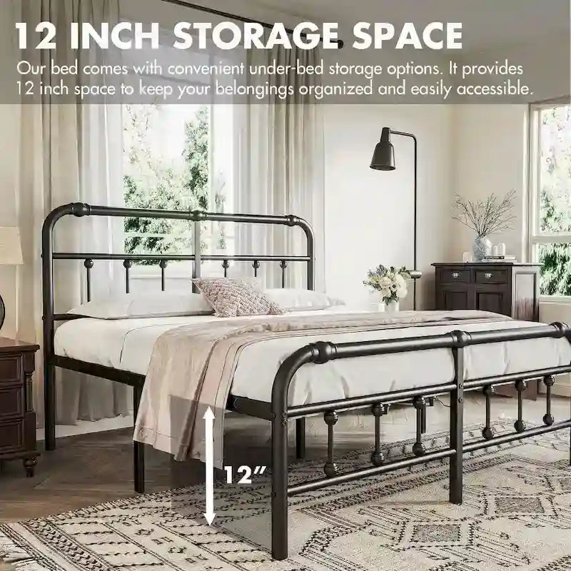Lit plateforme en métal de 35,5 cm avec tête et pied de lit pour rangement