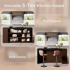 Îlot de cuisine en bois de 55 pouces avec rangement, table îlot fixe à 5 niveaux avec 5 étagères
