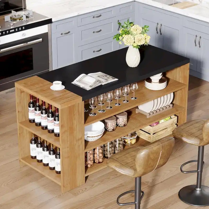 Îlot de cuisine en bois de 55 pouces avec rangement, table îlot fixe à 5 niveaux avec 5 étagères