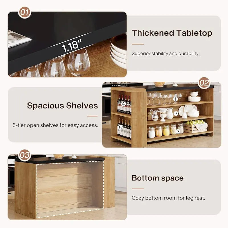Îlot de cuisine en bois de 55 pouces avec rangement, table îlot fixe à 5 niveaux avec 5 étagères
