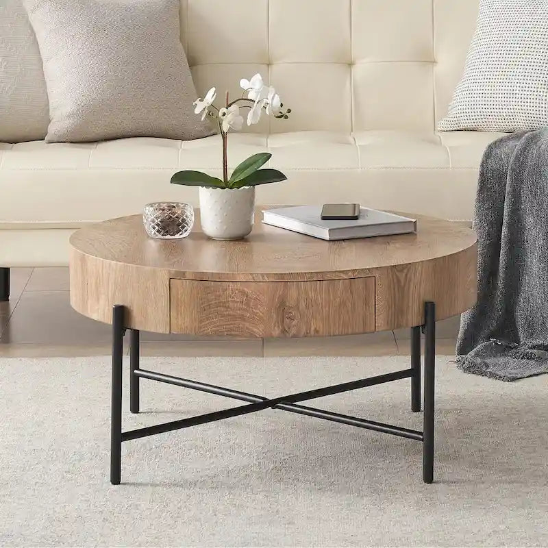 Round Coffee Table with with Two Drawers - Natural
