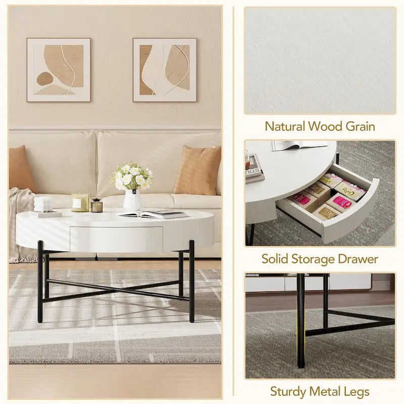 Table basse ronde avec deux tiroirs - Naturel