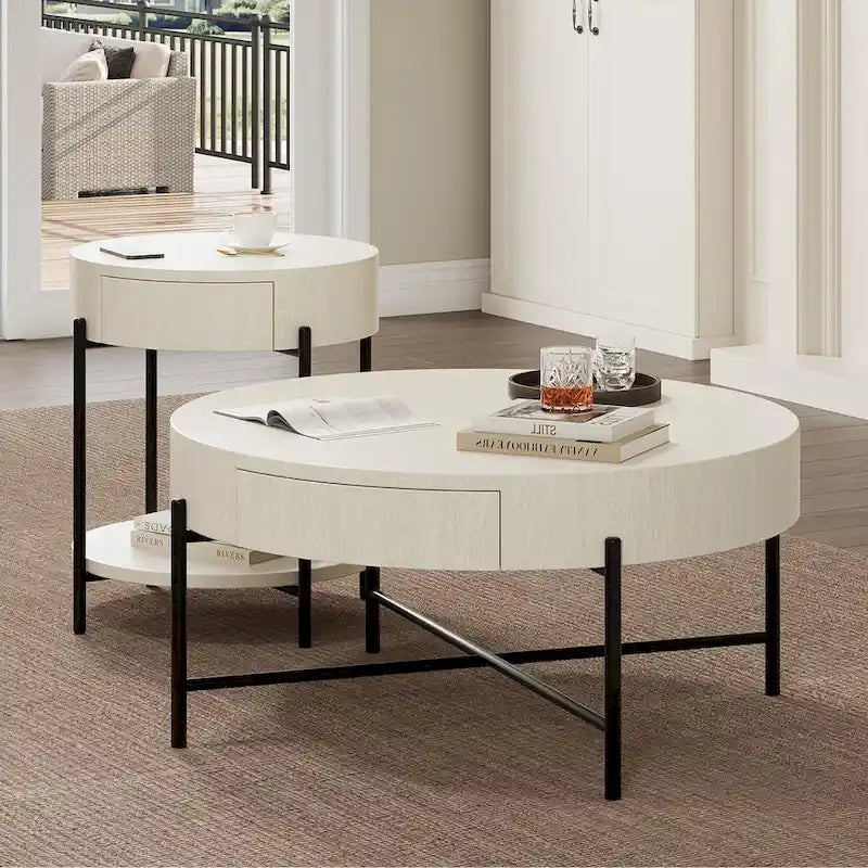 Table basse ronde avec deux tiroirs - Naturel