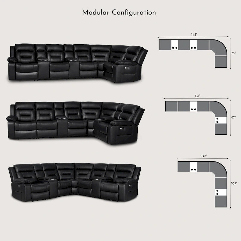 Canapé d'angle inclinable électrique 109, canapé inclinable modulable pour salon avec 2 consoles de rangement et 4 porte-gobelets