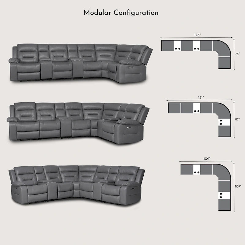 Canapé d'angle inclinable électrique 109, canapé inclinable modulable pour salon avec 2 consoles de rangement et 4 porte-gobelets