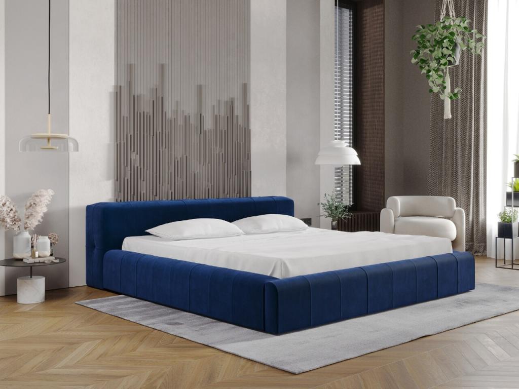 Lit en velours bleu, 160 x 200 cm