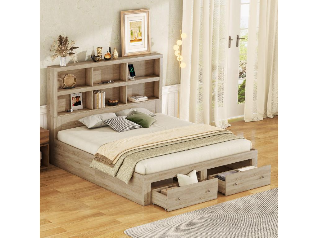 Cadre de lit en bois massif naturel, 160 x 200 cm